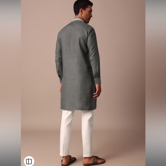 Grey Linen Kurta With Embroidered Yoke - Picture 2 of 5